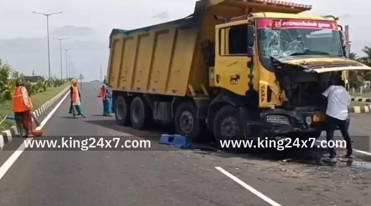 அரசு பேருந்து மீது டிப்பர் லாரி மோதி விபத்து அரசு பேருந்து மீது டிப்பர் லாரி மோதி விபத்து