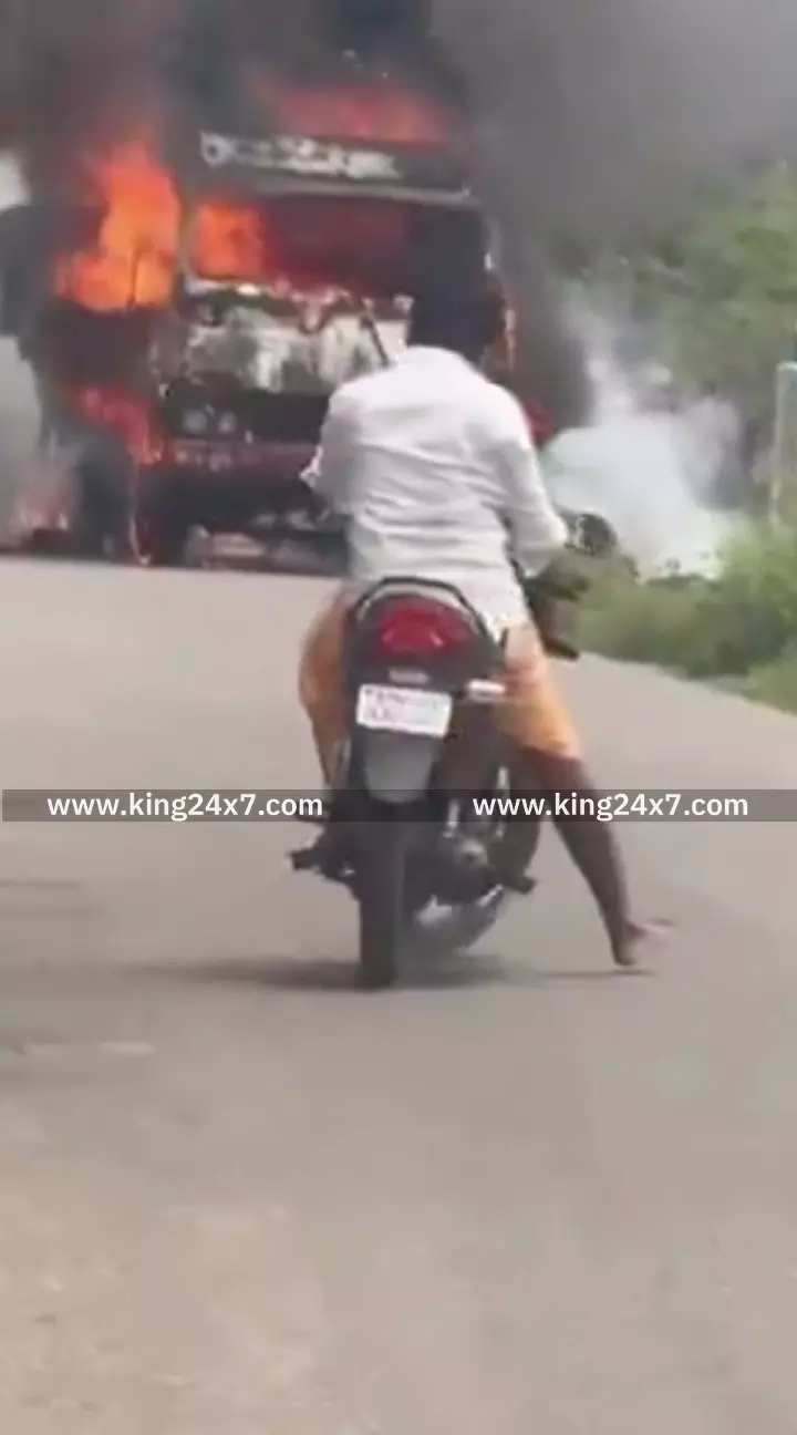 புதுக்கோட்டை: நடுரோட்டில் பற்றி எரிந்த லாரி