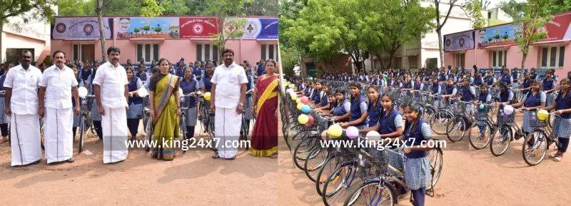 தமிழ்நாடு முதலமைச்சரின் ஆணைக்கிணங்க அரசு மேல்நிலை  பள்ளியில் விலையில்லா மிதி வண்டிகளை வழங்கிய எம்.பி கே.ஆர்.அண்ட் ராஜேஷ்குமார்.