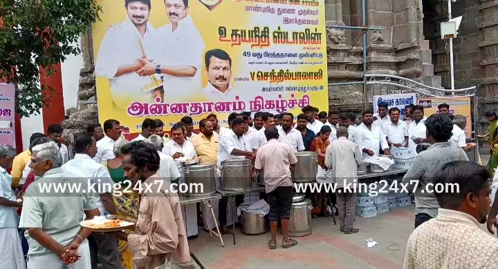 துணை முதலமைச்சர் பிறந்த நாளில் கரூரில் சைவ உணவுகளை வழங்கி வாழ்த்து தெரிவித்த திமுகவினர்.