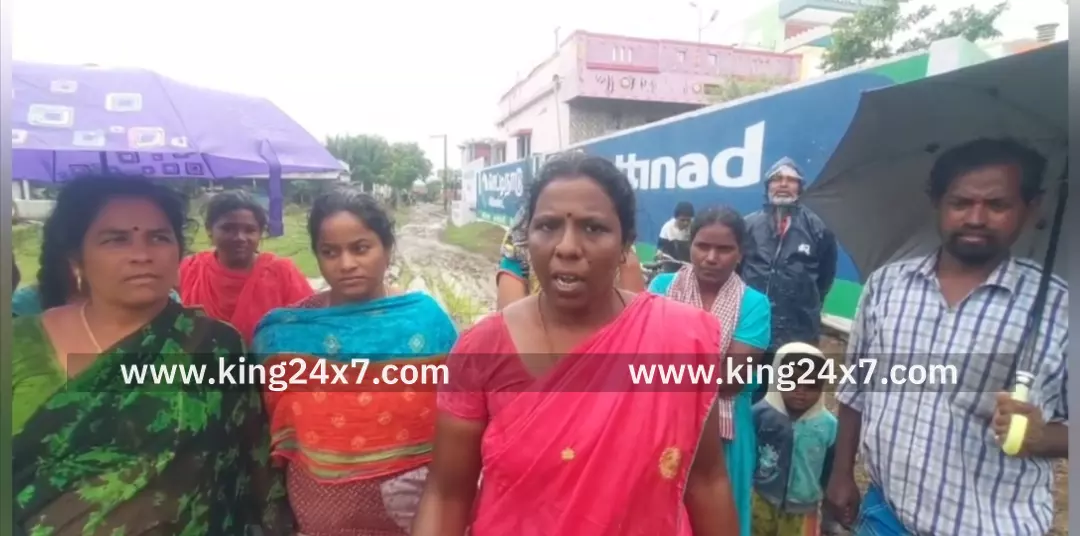 சாலையை சீரமைக்க வேண்டி கொட்டும் மழையில் நாற்று நடும் போராட்டம்.