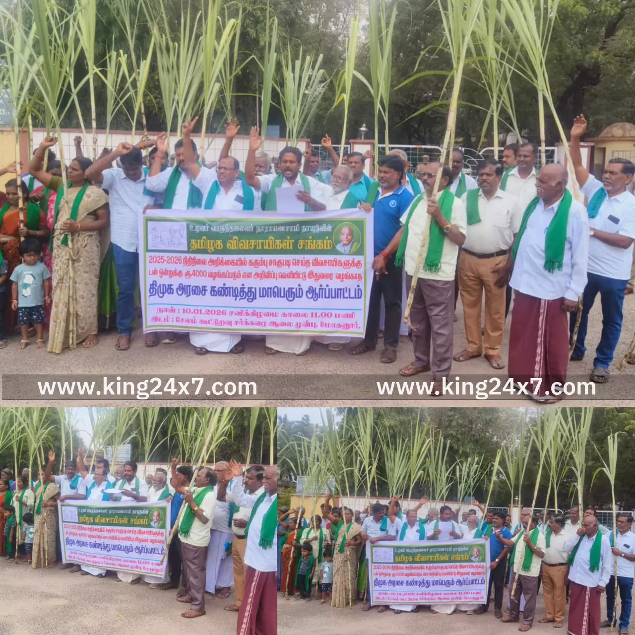 கரும்புக்கு உரிய விலை கேட்டு கரும்புகளுடன் மோகனூர் சர்க்கரை ஆலை முன்பு ஆர்ப்பாட்டம் நடத்திய விவசாயிகள்! கரும்புக்கு உரிய விலை கேட்டு கரும்புகளுடன் மோகனூர் சர்க்கரை ஆலை முன்பு ஆர்ப்பாட்டம் நடத்திய விவசாயிகள்!