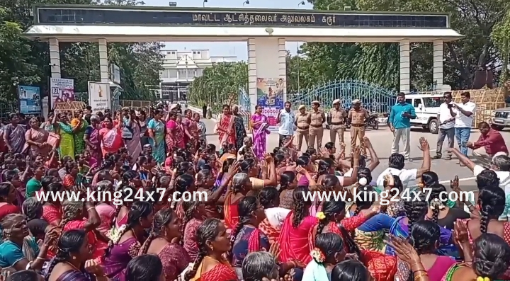 கரூரில், திமுக தேர்தல் வாக்குறுதியை நிறைவேற்ற கோரி 500 க்கும் மேற்ப்பட்ட சத்துணவு ஊழியர்கள் சாலை மறியல் போராட்டம் நடத்தியதால் கைது.