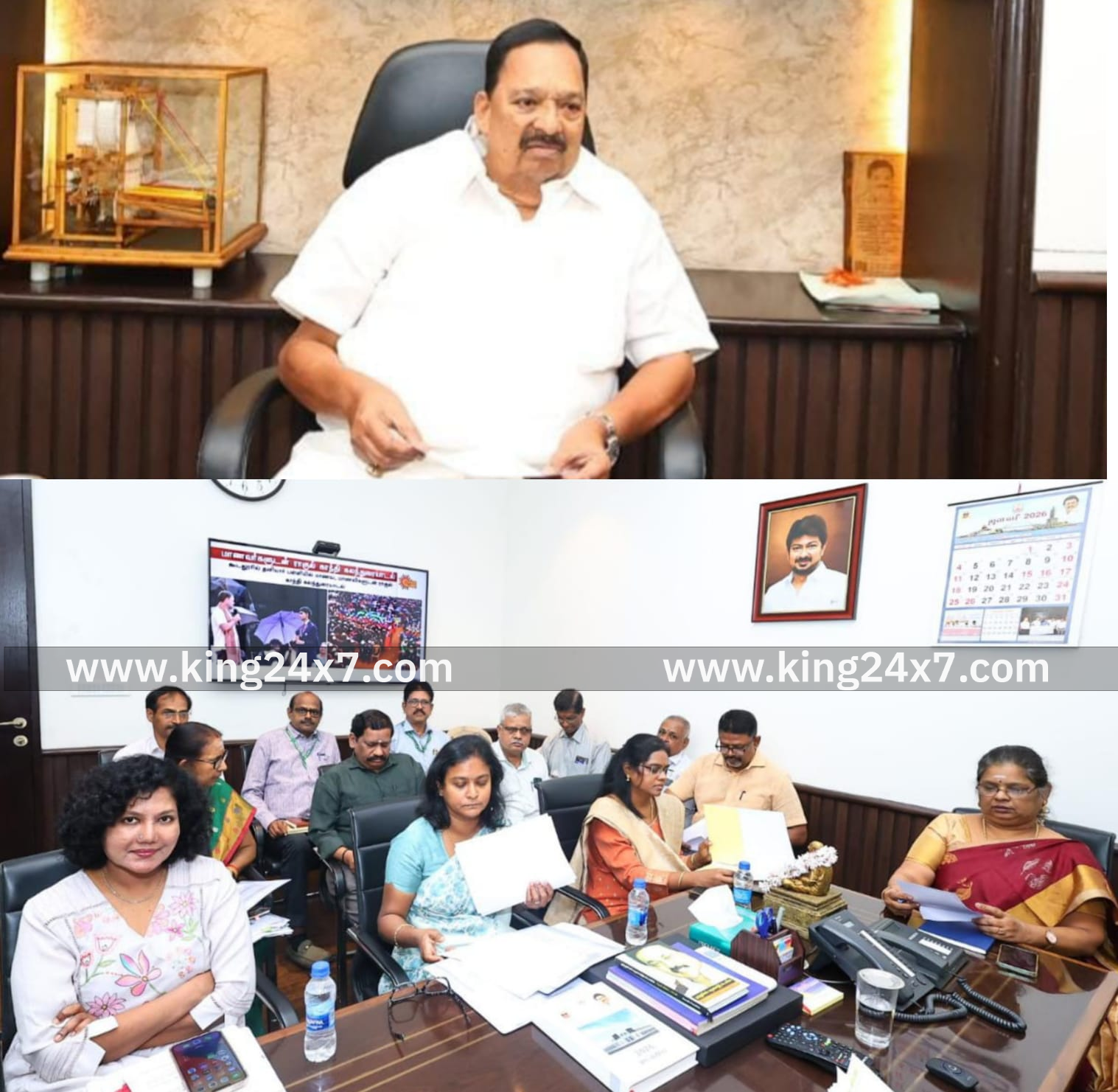 சென்னை, தலைமைச் செயலகத்தில், கைத்தறி மற்றும் துணிநூல் துறை அமைச்சர் காந்தி தலைமையில்,