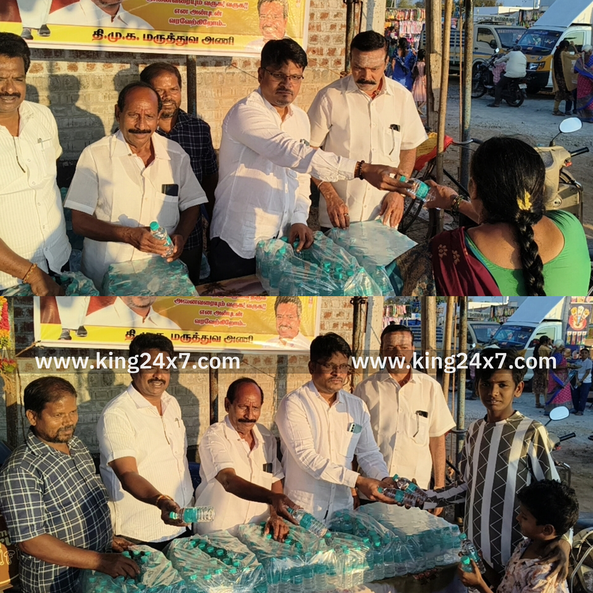 ராசிபுரம் அருகே பத்திரகாளி அம்மன் கோவில் திருவிழாவை முன்னிட்டு திமுக மருத்துவ அணி சார்பில் பொதுமக்கள் பக்தர்களுக்கு இலவச தண்ணீர் பாட்டில் வழங்கினர்..